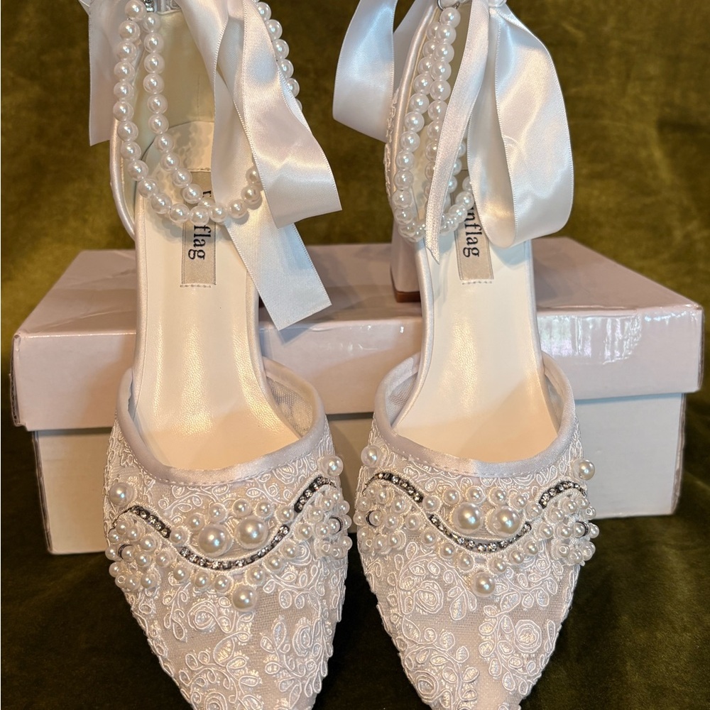 Bridal Pearl Embellished White Satin Heels Wedding